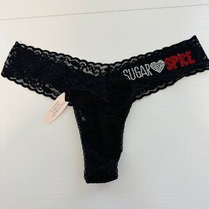 NWT Y2K Limited Edition Victoria's Secret Thong Panty Black Lace with Rhinestone